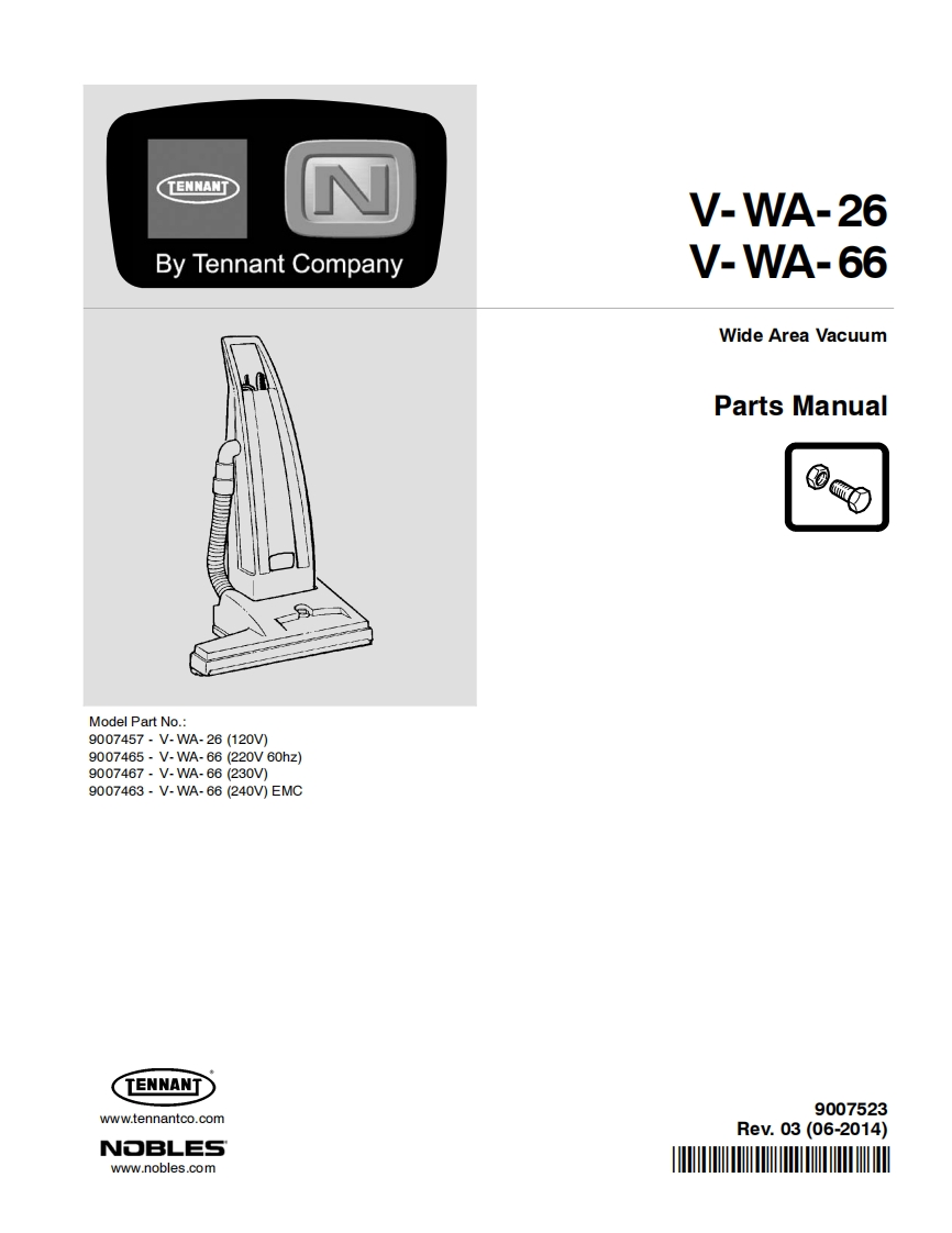 TENNANT坦能V-WA-26-V_WA-66-Wide-Area-Vacuum-Parts-Manua零部件说明书手册含电器原理图手册