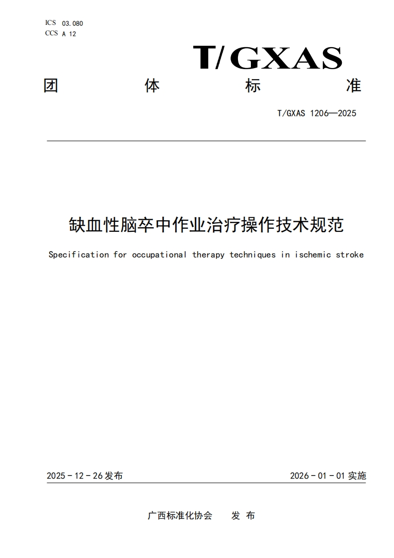 T_GXAS1206-2025缺血性脑卒中作业治疗操作技术规范