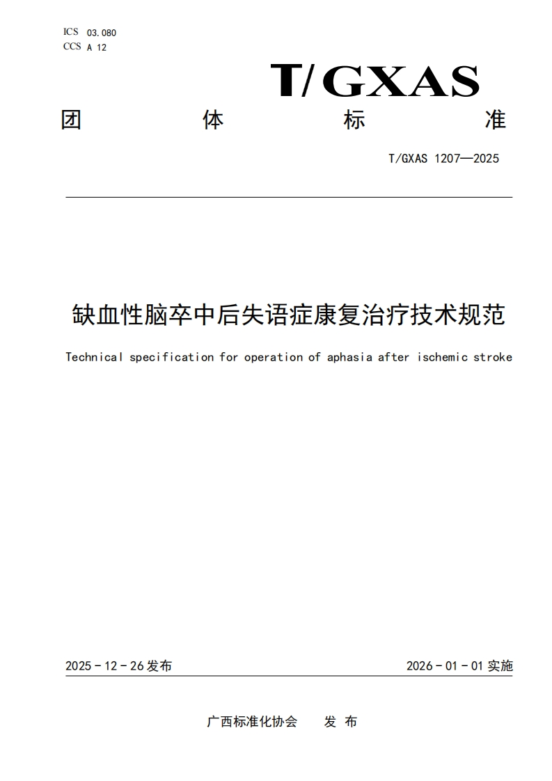 T_GXAS1207-2025缺血性脑卒中后失语症康复治疗技术规范