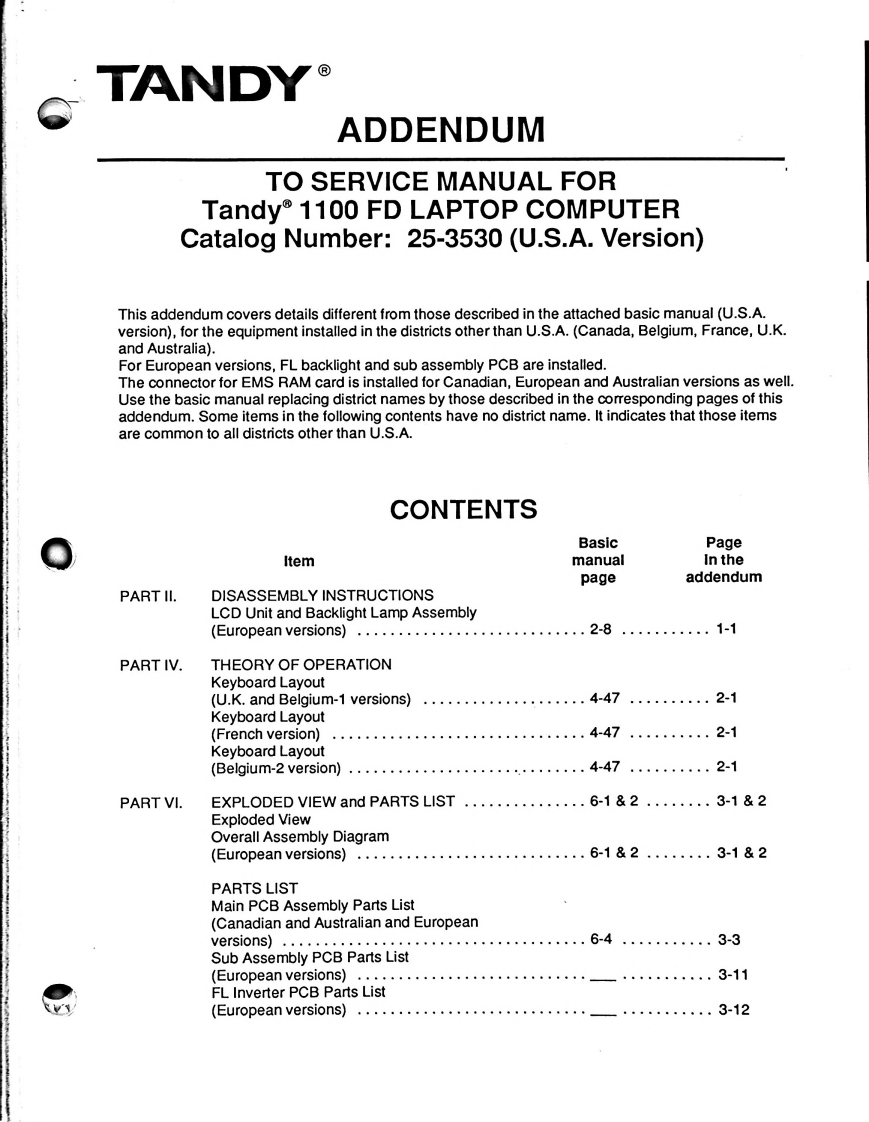 Tandy1100FD-Service-Manual维修手册电气原理图-Addendum
