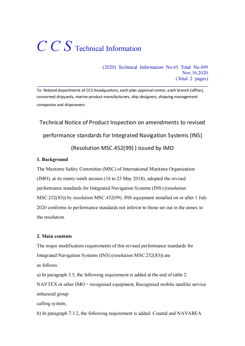 TechnicalNoticeofProductInspectiononamendmentstorevisedperformancestandardsforIntegratedNavigationSystems(INS)(ResolutionMSC.452(99)issuedbyIMO