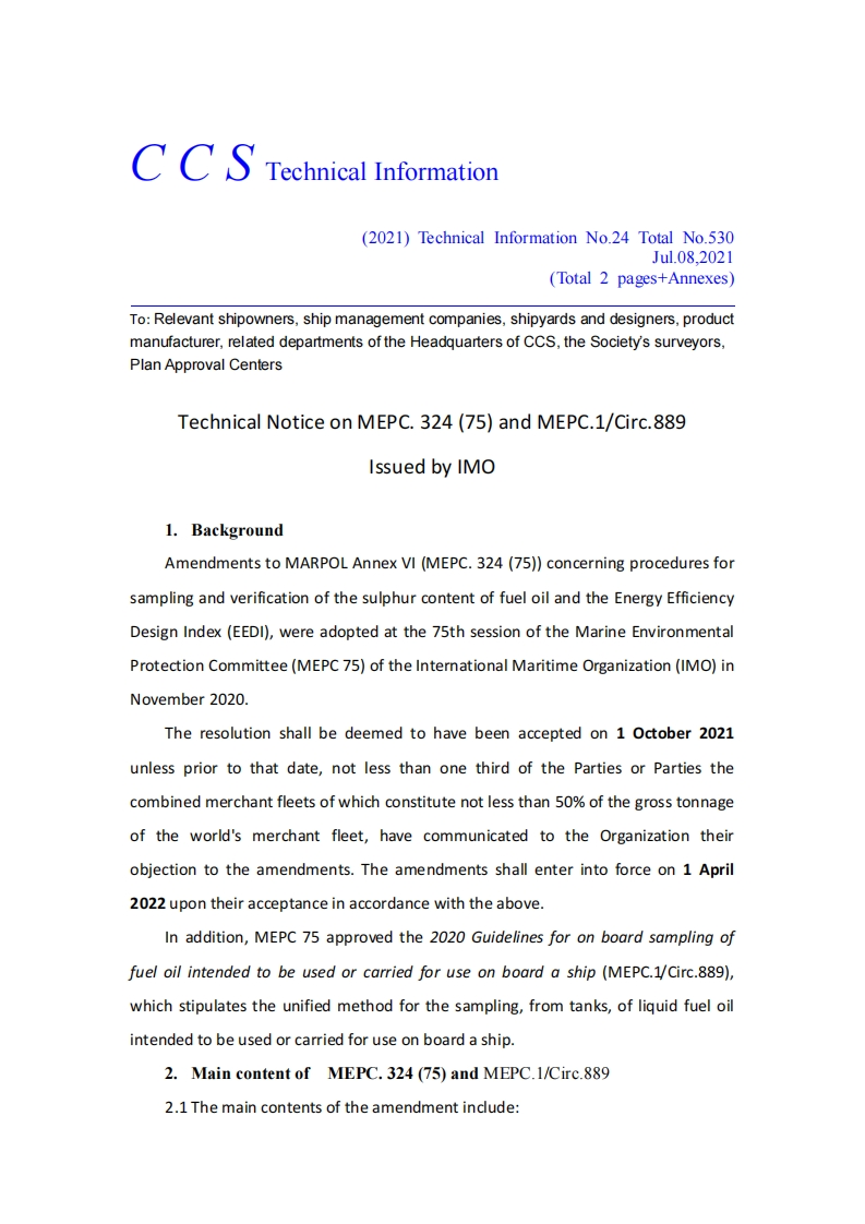 TechnicalNoticeonMEPC.324(75)andMEPC.1-Circ.889IssuedbyIMO