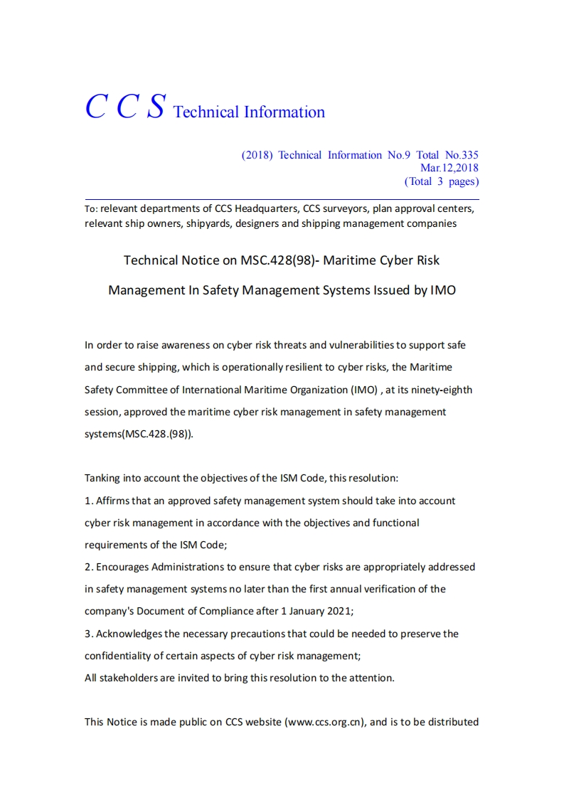 TechnicalNoticeonMSC.428(98)-MaritimeCyberRiskManagementInSafetyManagementSystemsIssuedbyIMO