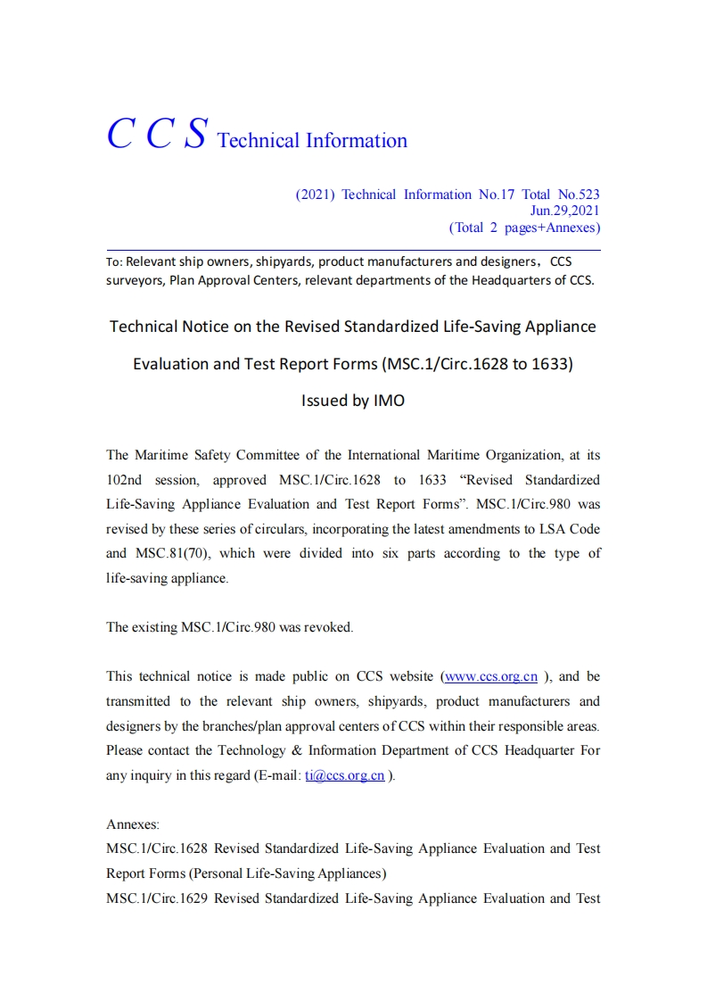 TechnicalNoticeontheRevisedStandardizedLife-SavingApplianceEvaluationandTestReportForms(MSC.1_Circ.1628to1633)