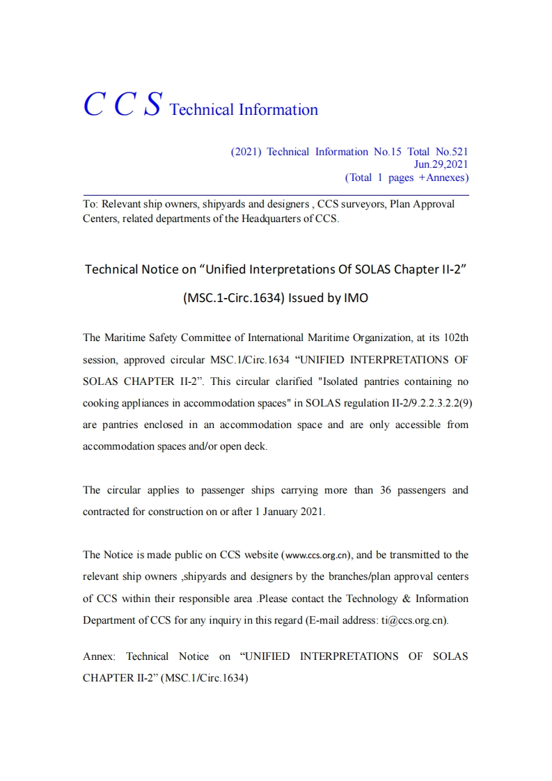 TechnicalNoticeon“UnifiedInterpretationsOfSOLASChapterII-2”(MSC.1-Circ.1634)IssuedbyIMO