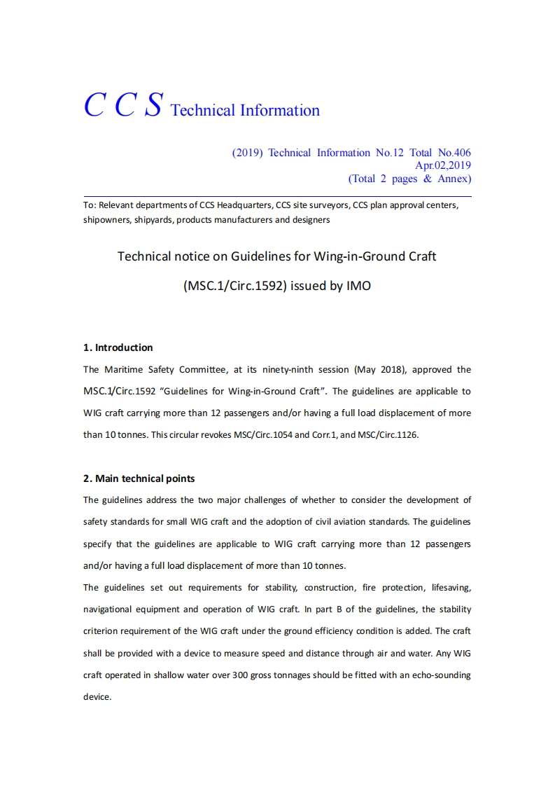 TechnicalnoticeonGuidelinesforWing-in-GroundCraft(MSC.1-Circ.1592)issuedbyIMO