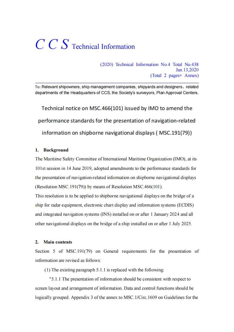 TechnicalnoticeonMSC.466(101)issuedbyIMOtoamendtheperformancestandardsforthepresentationofnavigation-relatedinformationonshipbornenavigationaldisplays(MSC.191(79))