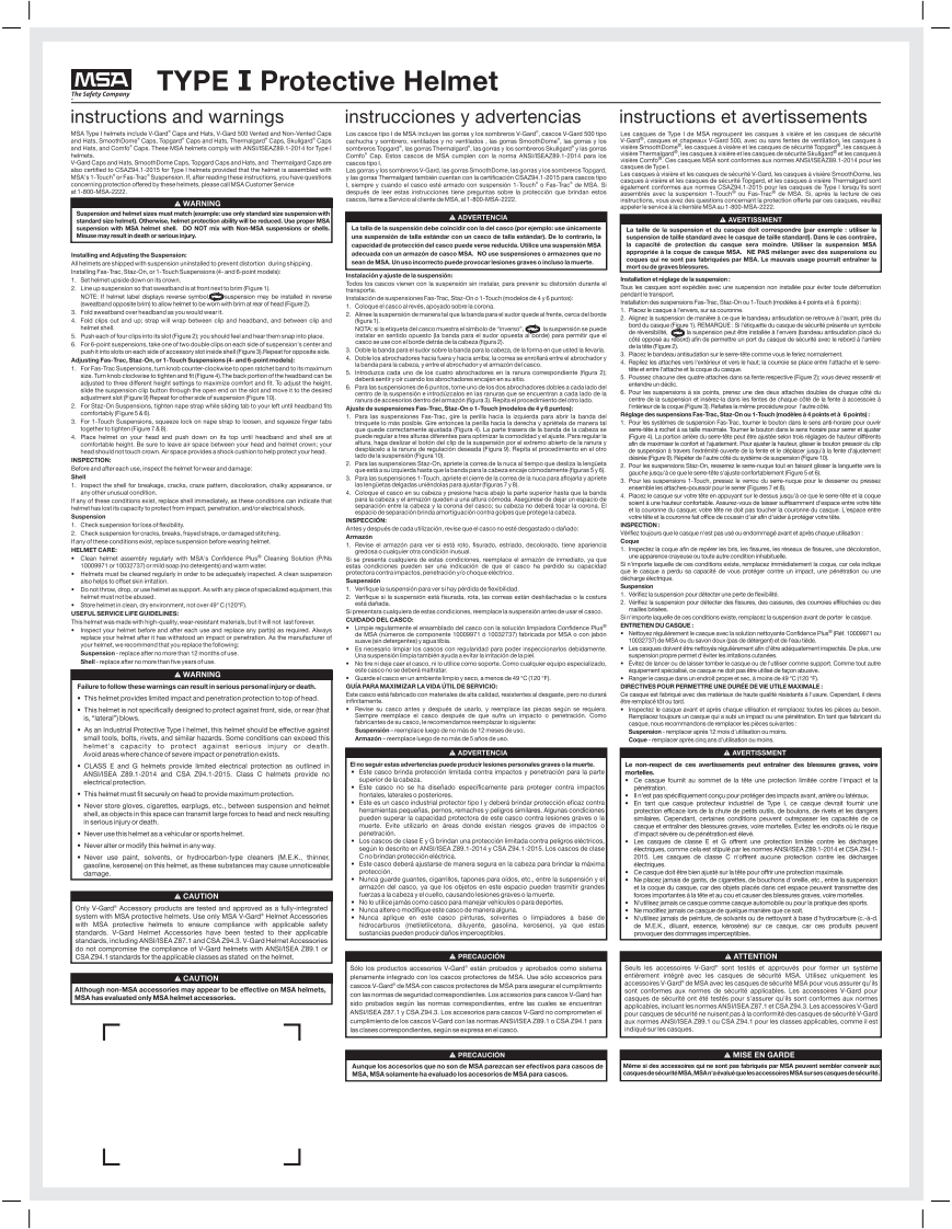 Type-1_Hard_Hat_操作说明书手册_Head_Protection_MSA_Safety_Electrogas