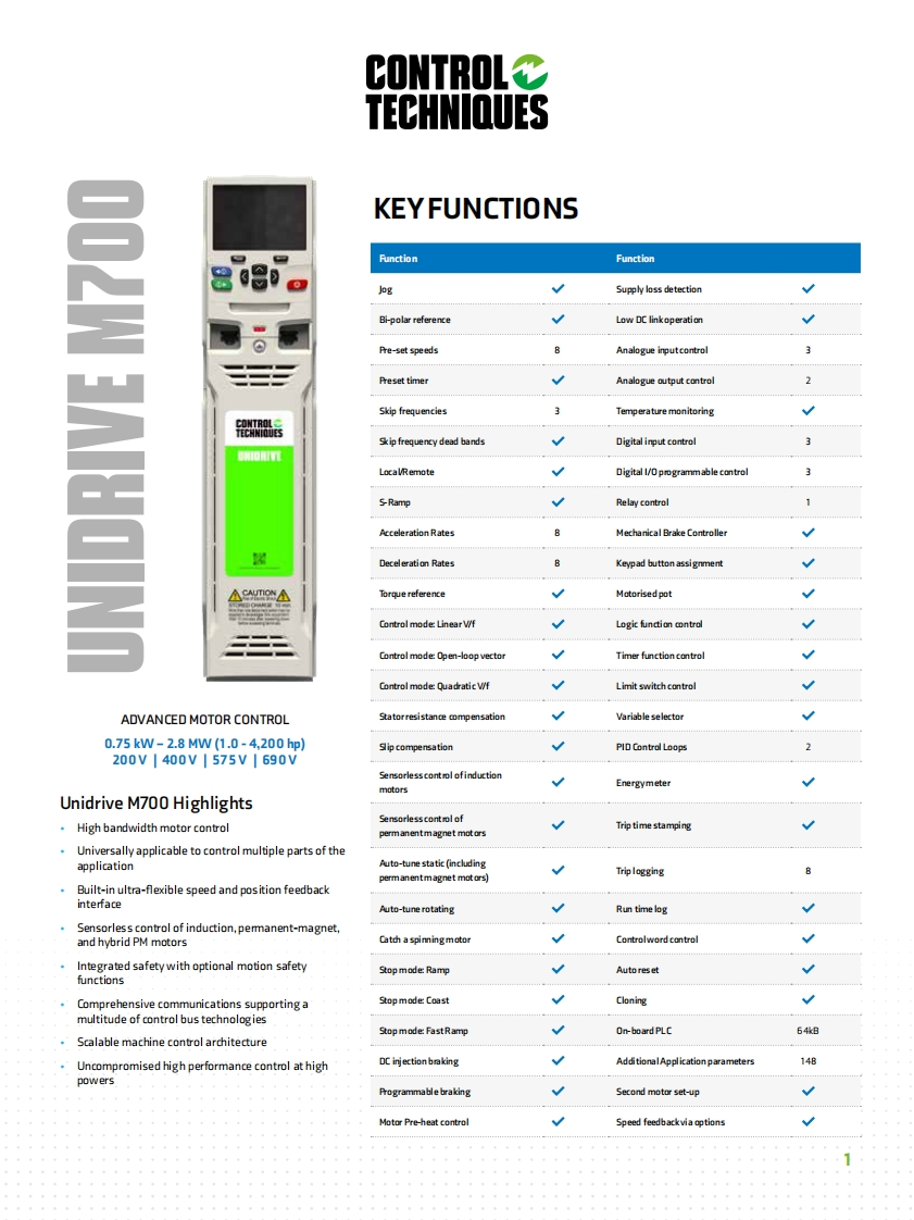 Unidrive_M700_Datasheet安装调试说明书手册