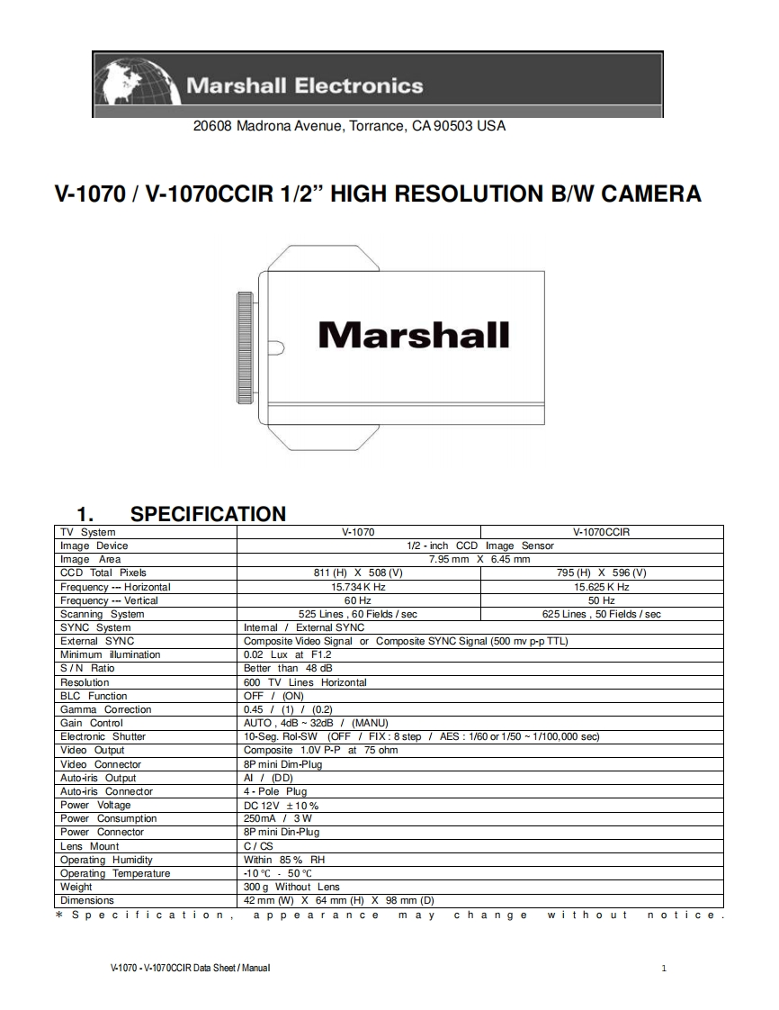 V-1070-V-1070CCIR-Data-Sheet-使用说明书手册