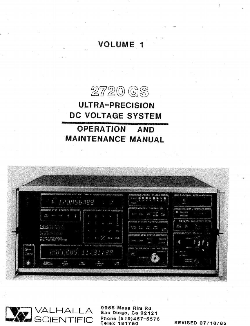 Valhalla_Scientific_2720GS_Vol.1_使用说明书手册