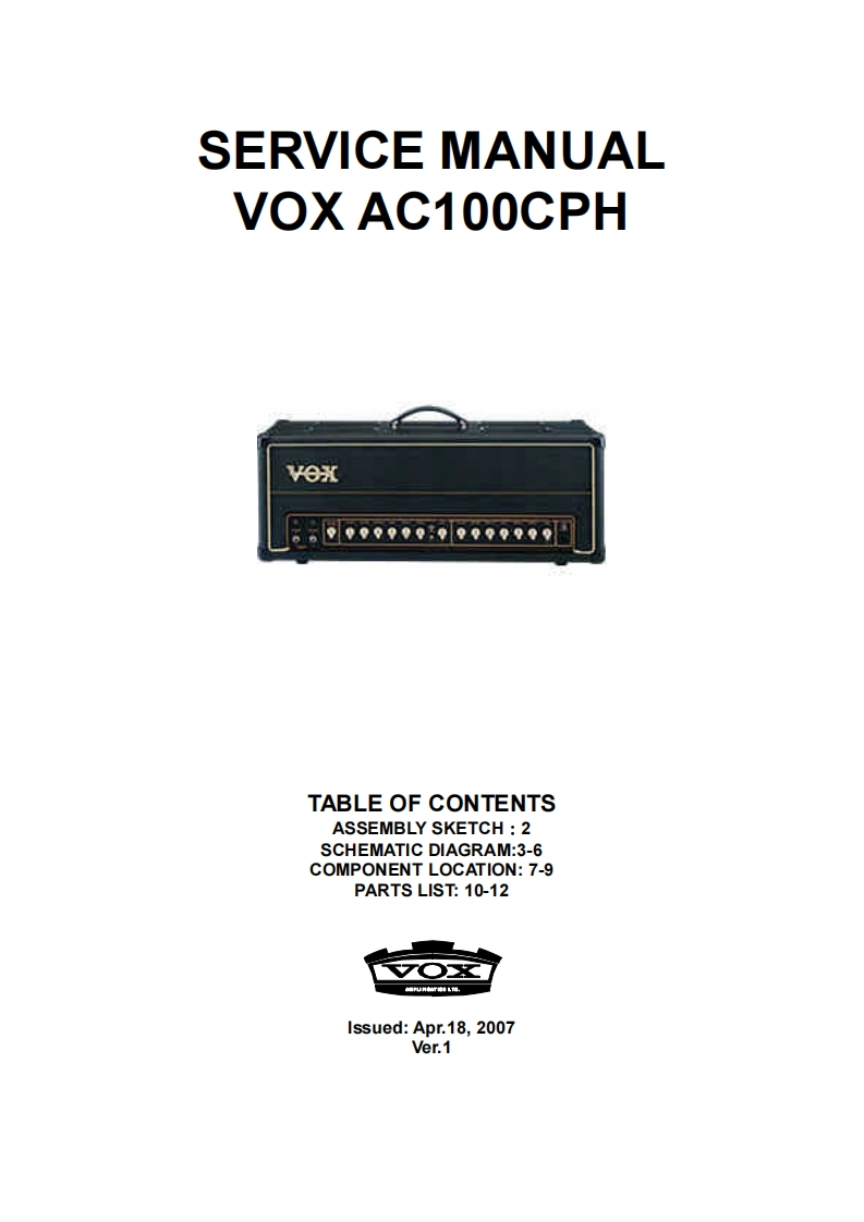 Vox_ac100cph维修手册含电器原理图