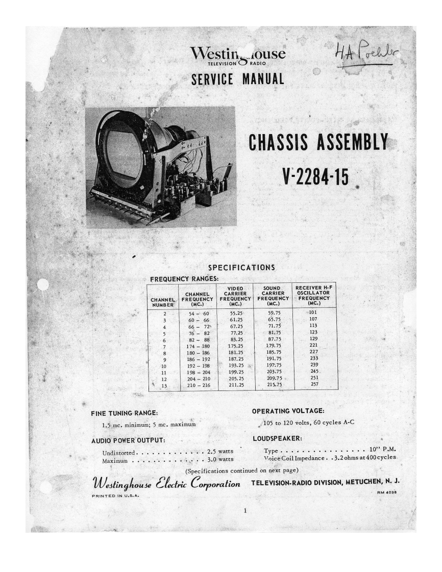 Westinghouse_H840CK15_Service_Manual维修手册含电器原理图