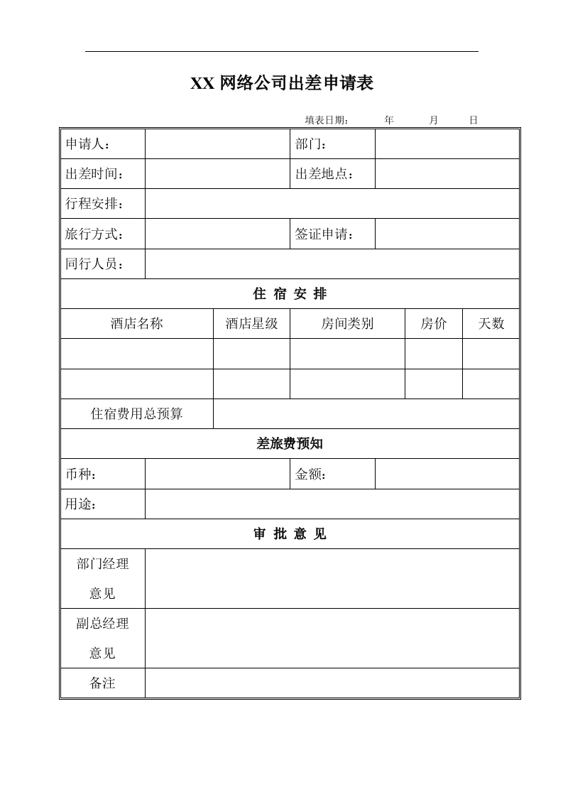 XX网络公司出差申请表