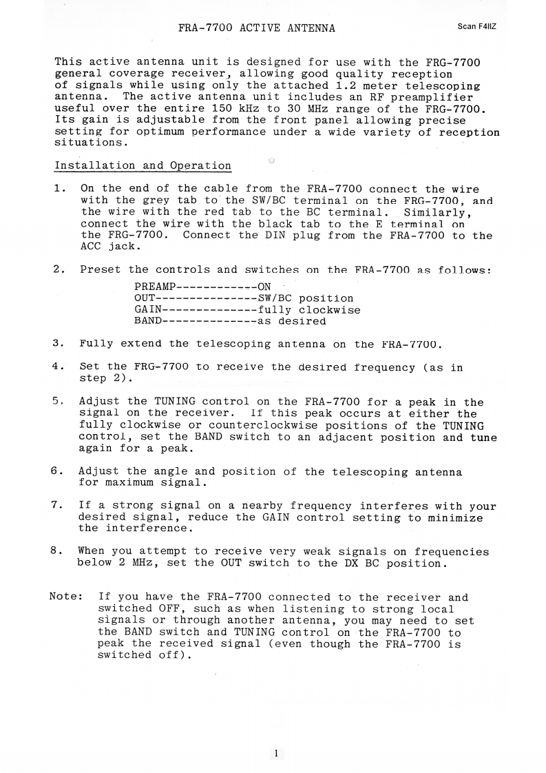 Yaesu-FRA-7700-Notice操作说明书手册