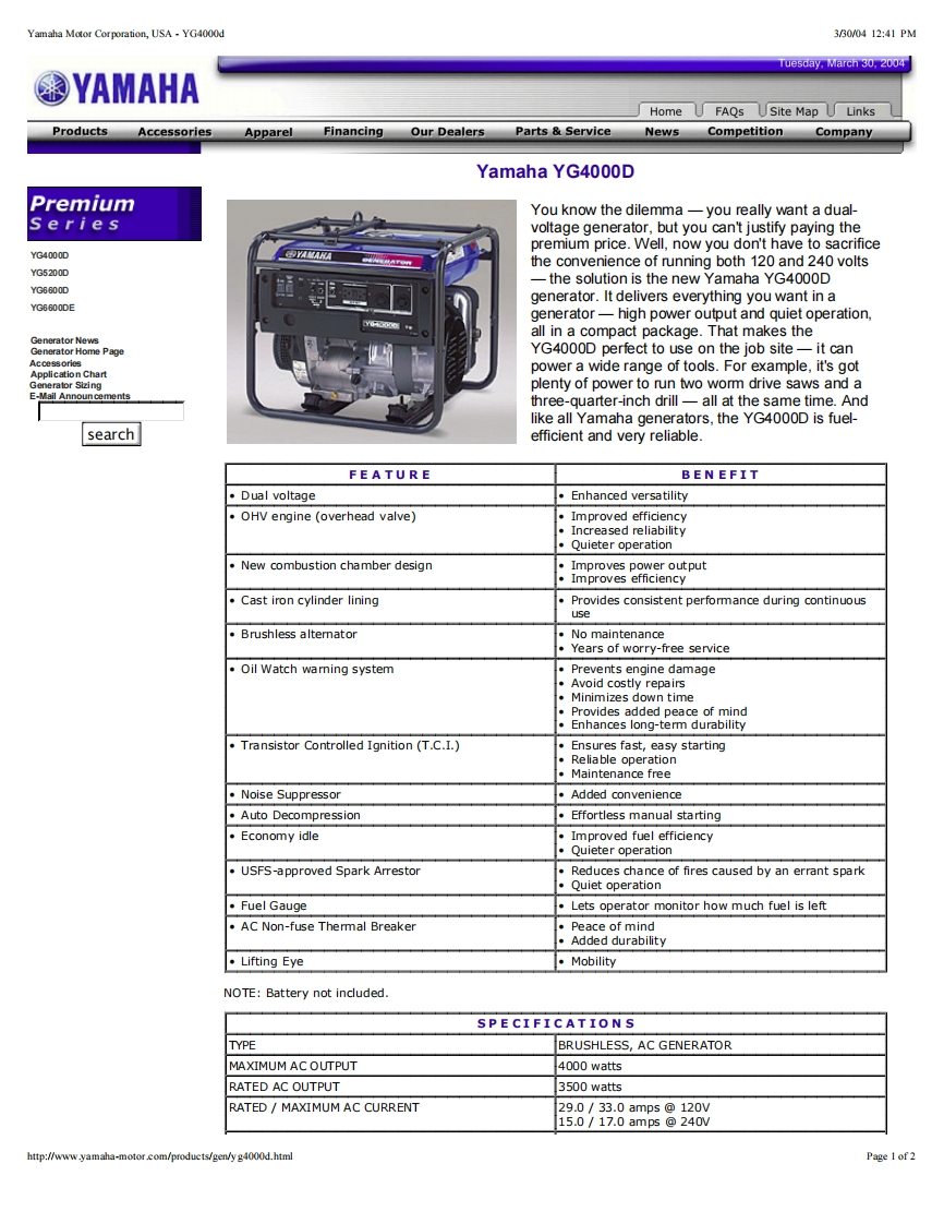 Yamaha-YG4000D-Generator-操作说明书手册