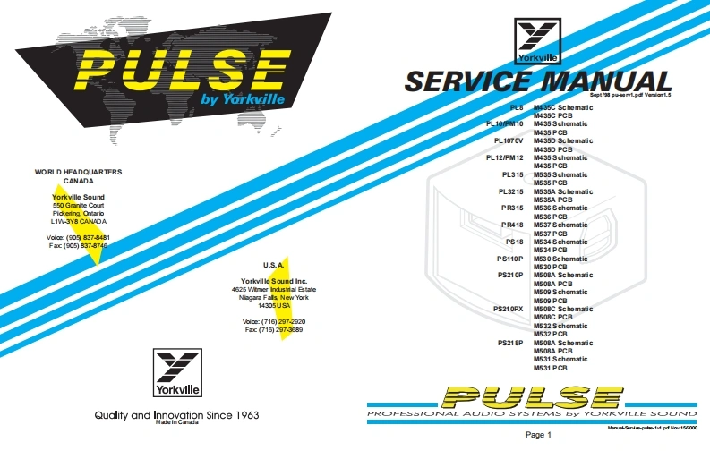 Yorkville-Pulse-Speaker-Service-Manual维修服务手册说明书含电器原理图