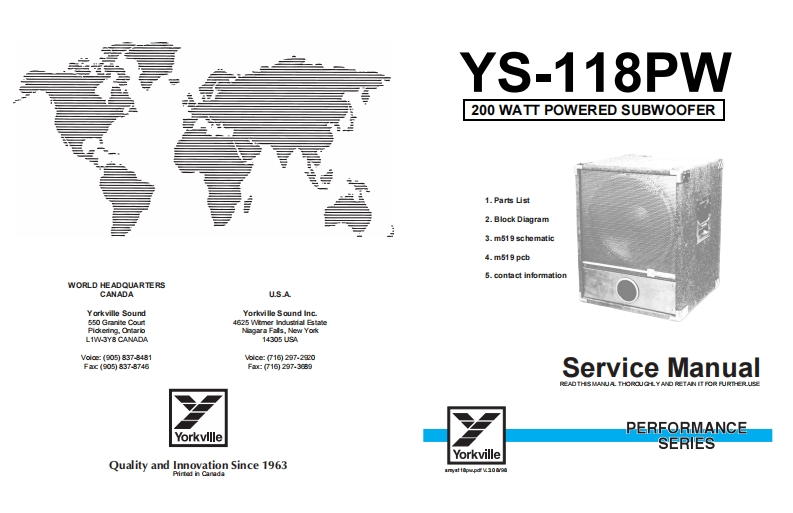 Yorkville-YS-118PW-Powered-Subwoofer-Service-Manual维修服务手册说明书含电器原理图