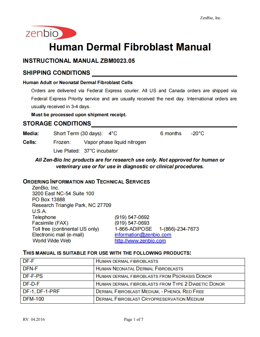 ZBMHumanAdultDermalFibroblast使用说明书手册