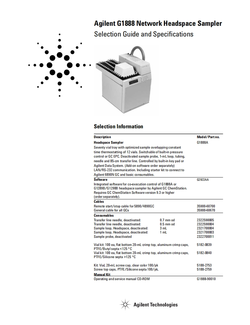 agilent-g1888-network-headspace-sampler_selection-操作说明书手册-and-specifications