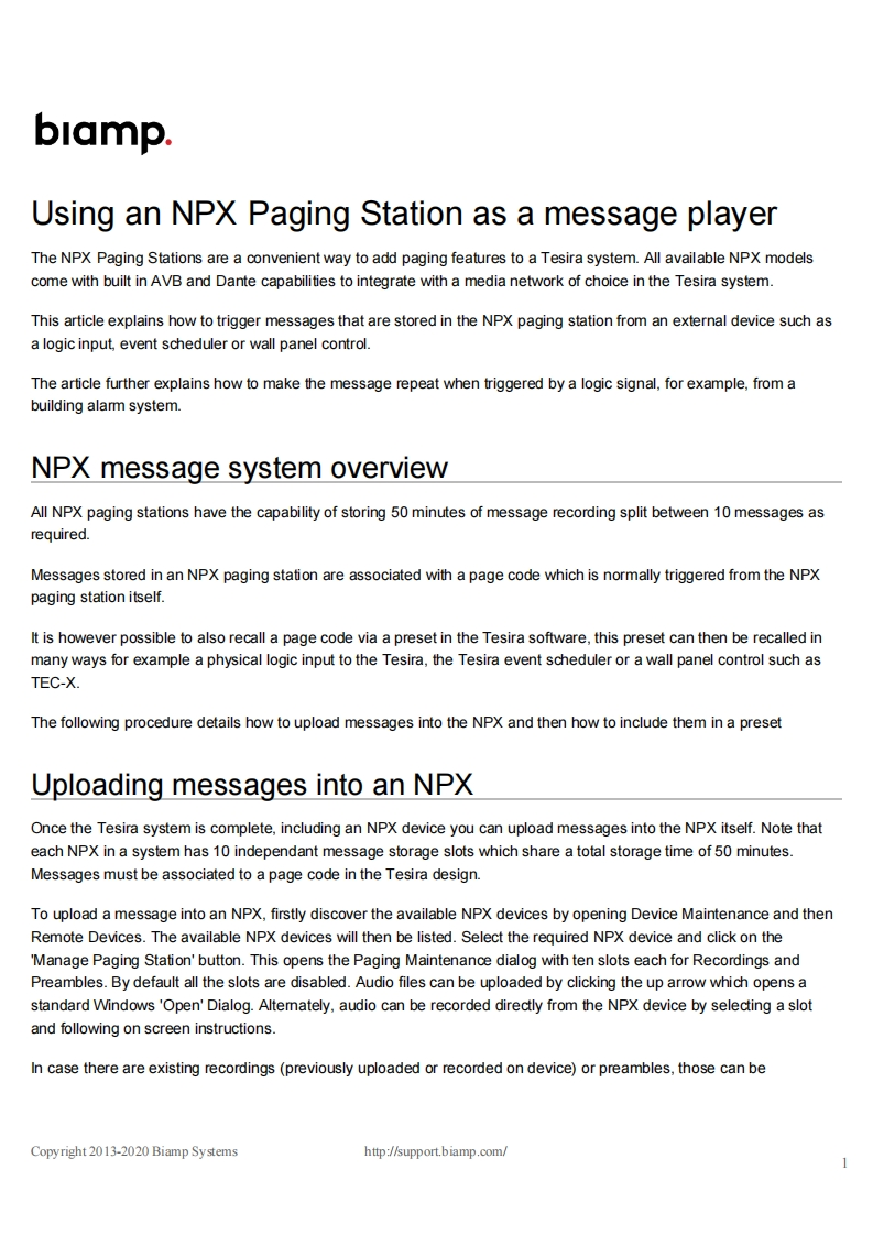 biampNPXMESSAGE操作说明书手册