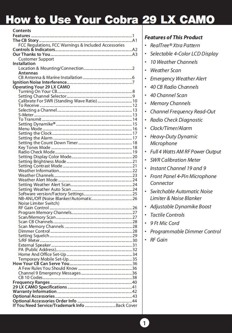 cobra_29_lx_camo_用户使用操作说明书手册
