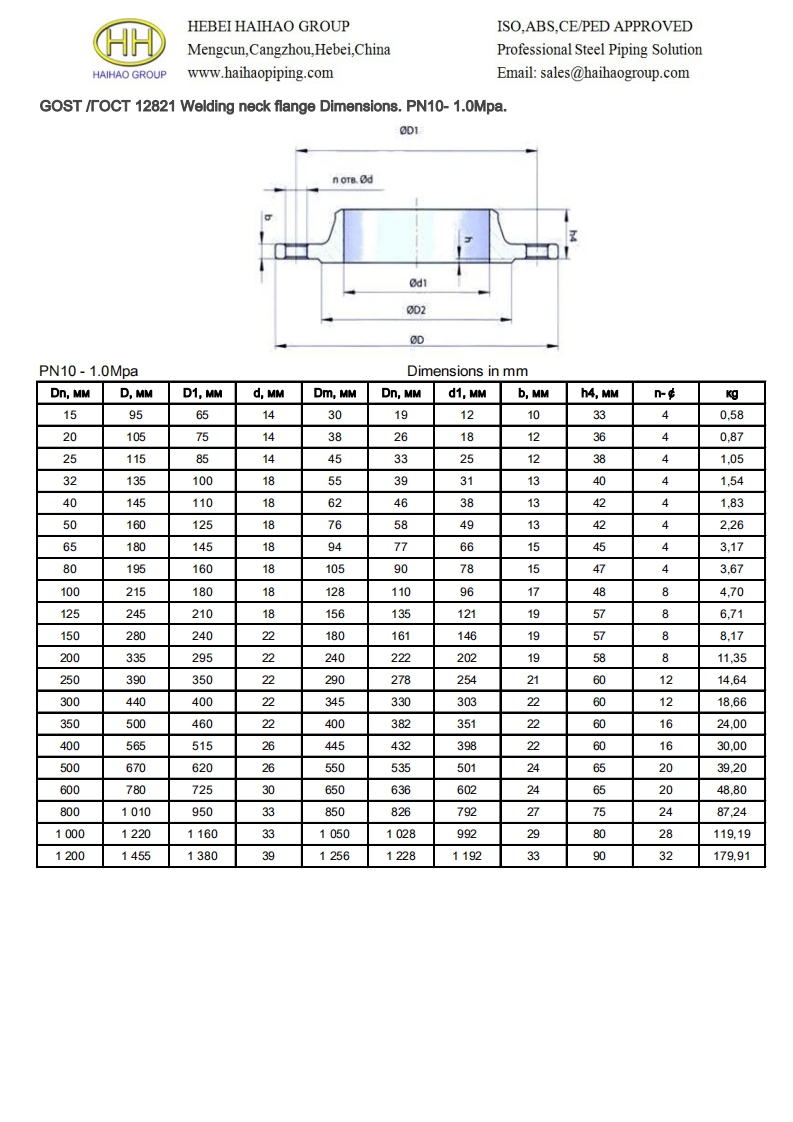 gost-12821-flange-dimensions-WELD-NECK-FLANGE-PN10-1Mpa参考标准规范