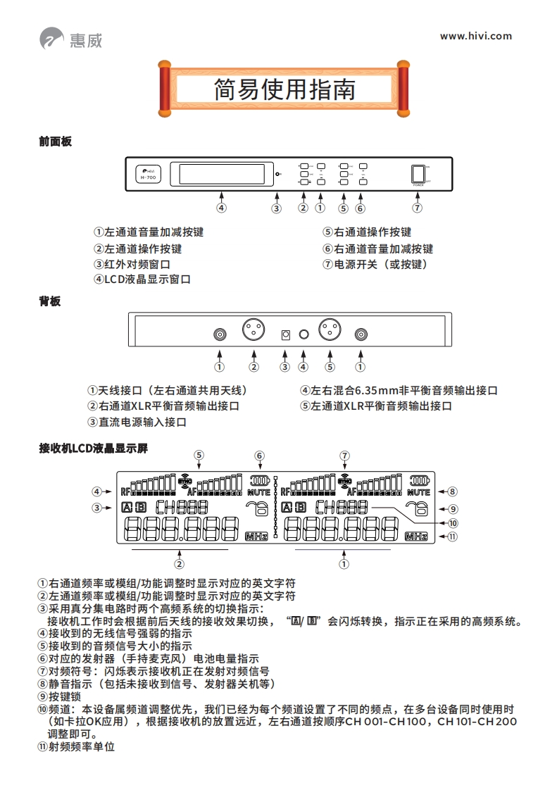 hivi惠威H-700简明操作说明书手册