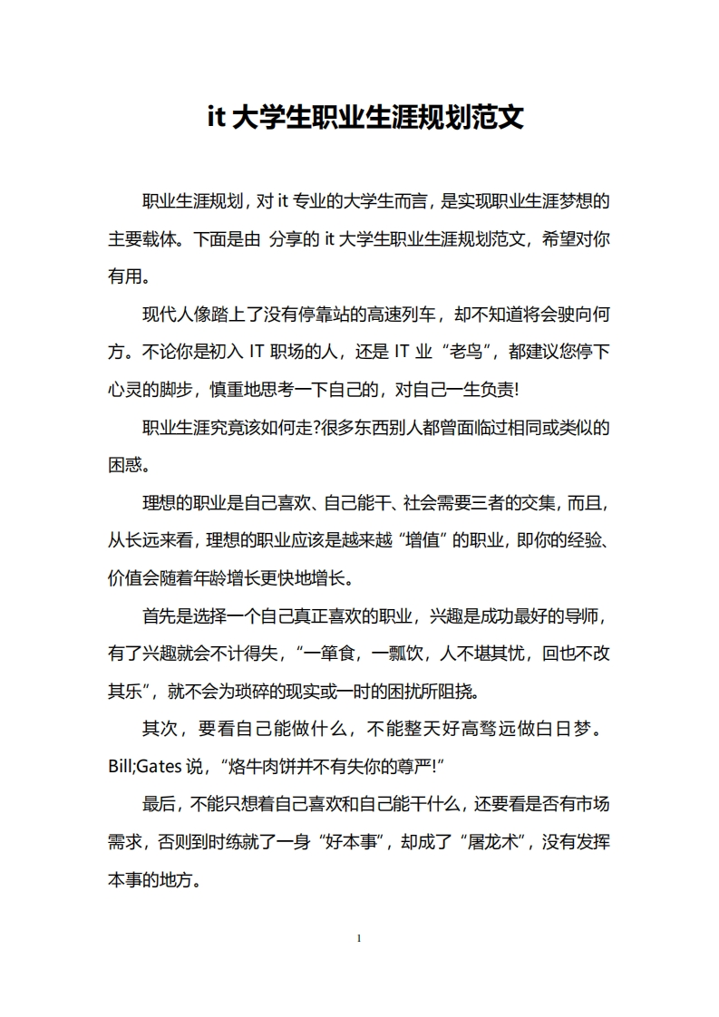 it大学生职业发展规划指导范文