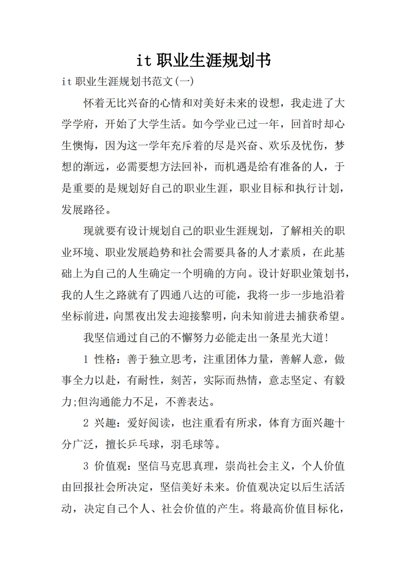 it职业发展规划指导通用模板范文