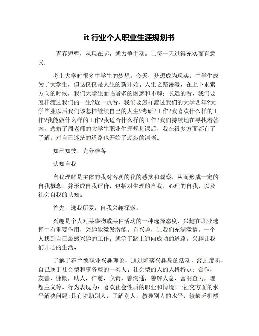 it行业个人职业发展规划指导通用模板范文