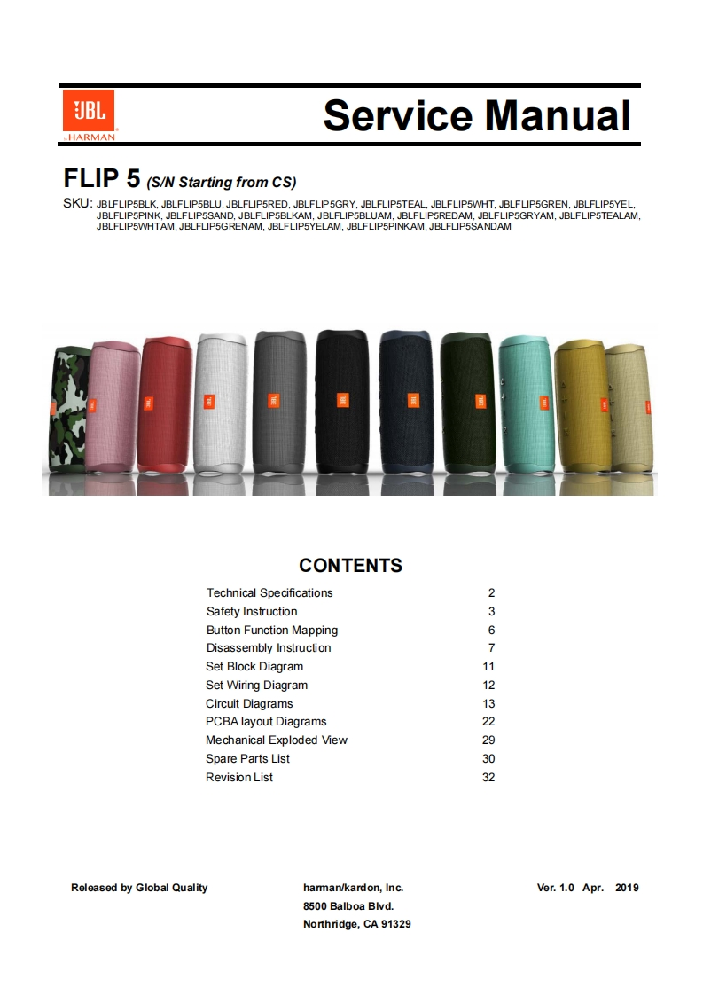 jbl_flip5_5蓝牙音响维修手册含电器原理图