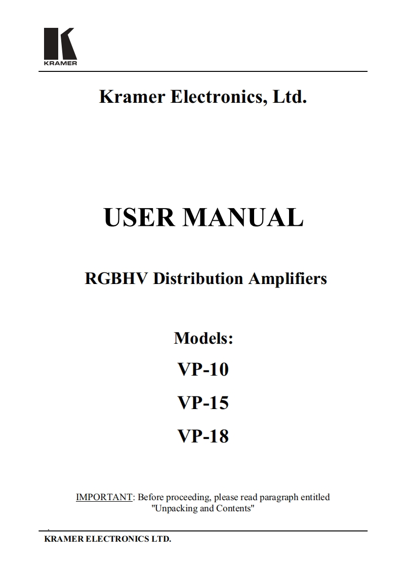 kramerVP10-VP15-VP18操作说明书手册