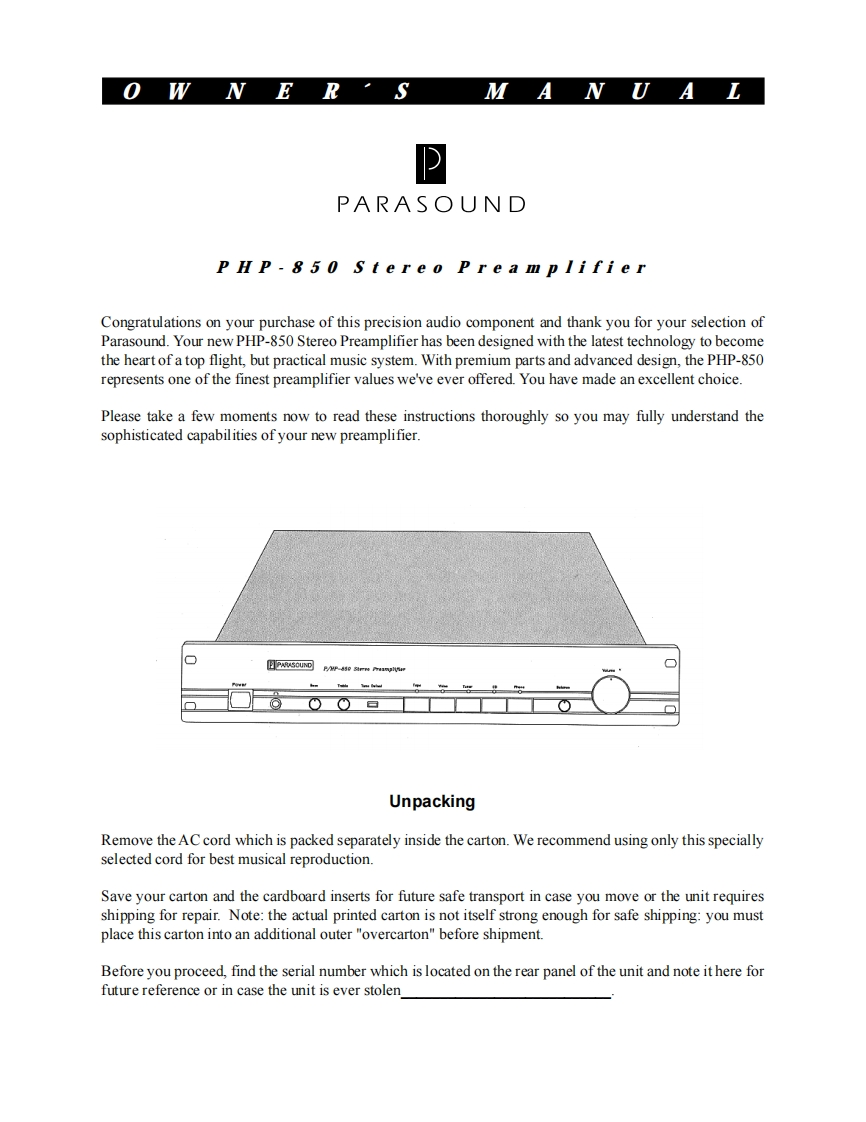 parasound-php-850-操作说明书手册