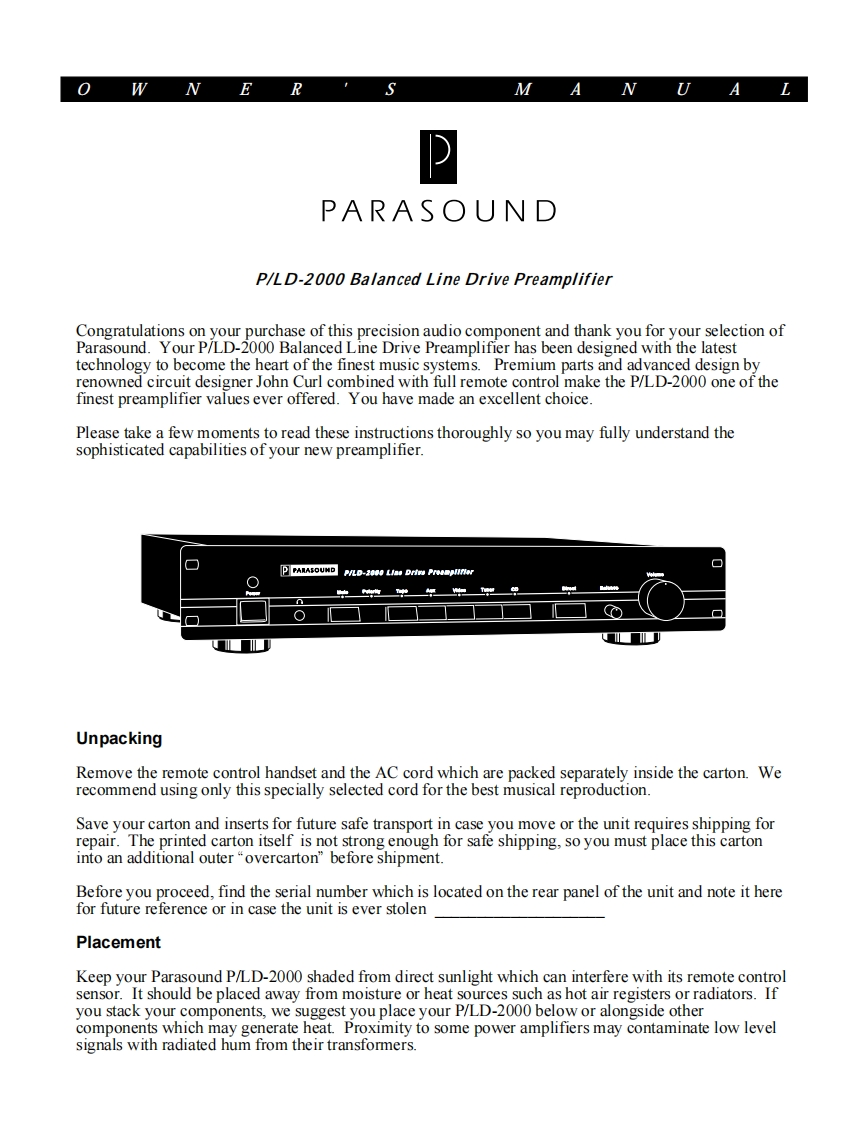 parasound-pld-2000-操作说明书手册