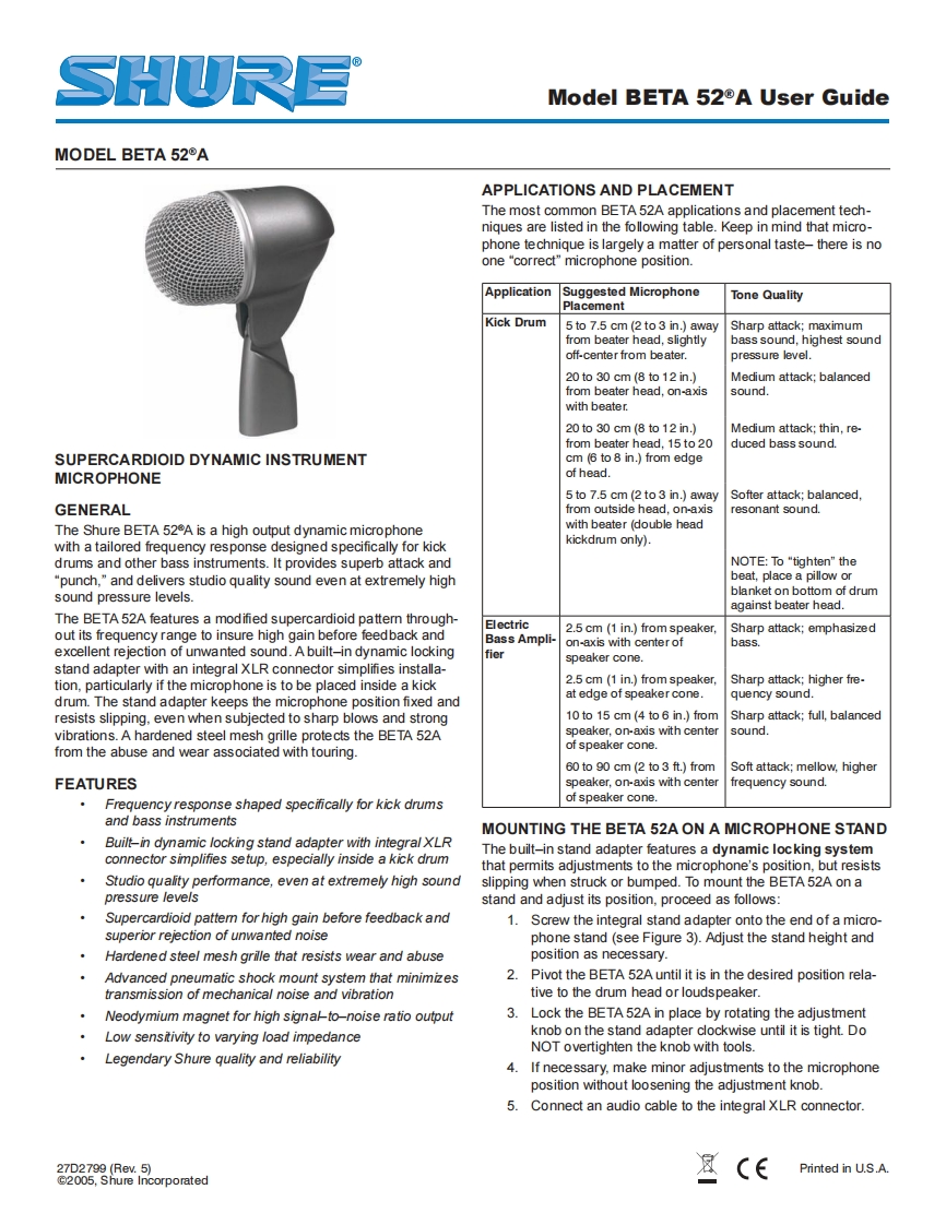shureBETA52A操作说明书手册