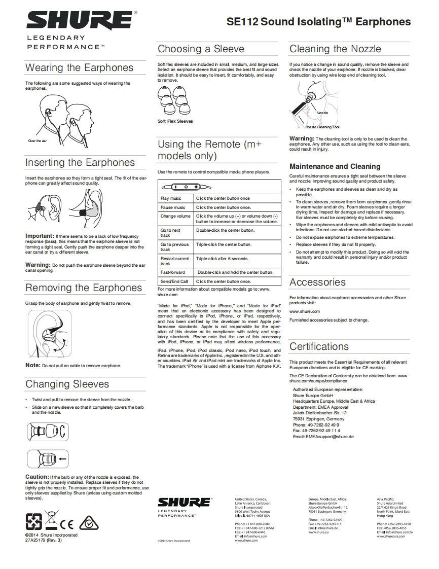 shureSE112操作说明书手册