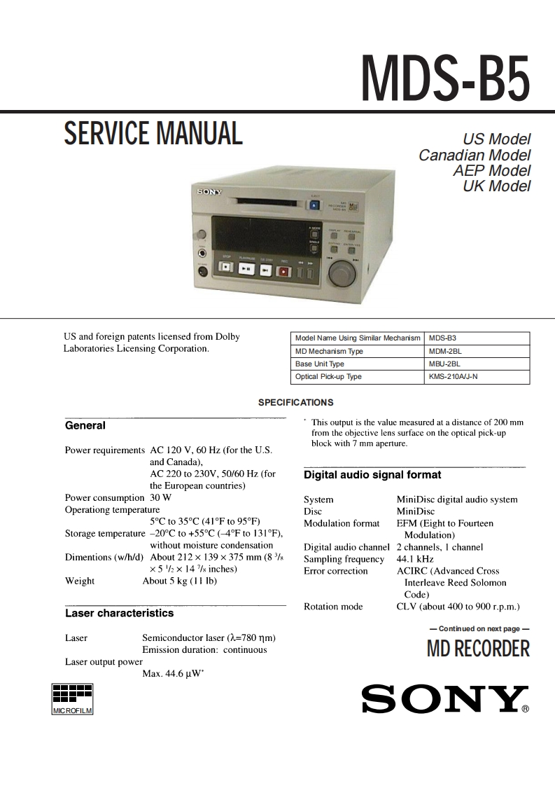 sony_MDS-B5_维修操作说明书手册