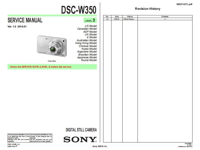 sony索尼DSC-W350数码相机维修手册含电路图