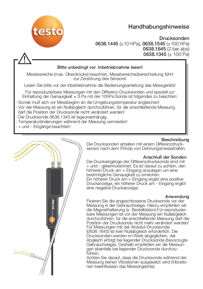 testo-Pressure-probe-1445-Handling-使用说明书手册uctions