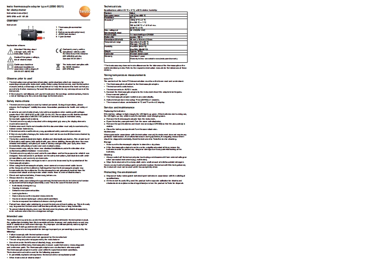 testo-Thermocouple-adapter-type-K-0590-0021-用户操作说明书手册
