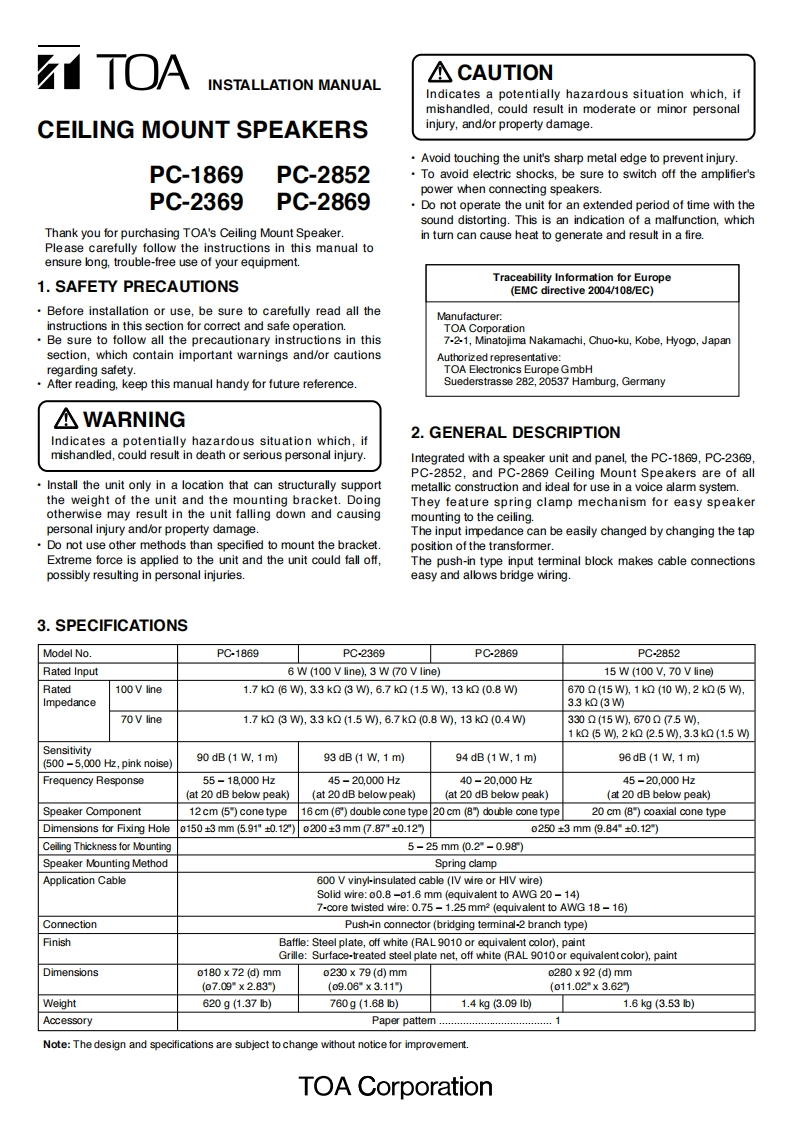 toaPC1869-PC2369-PC2852-PC2869操作说明书手册