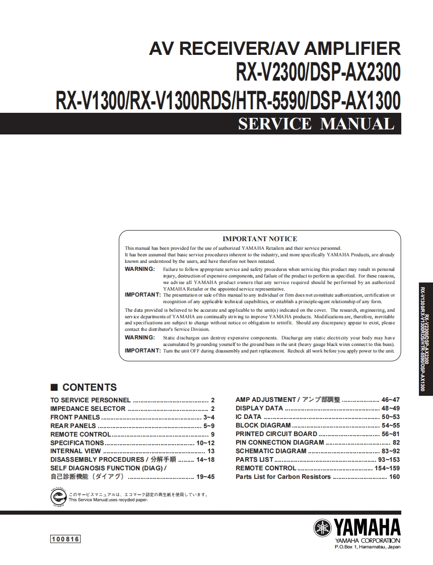 yamaha_rx-v1300-service-manual维修手册电器原理图-找手册网