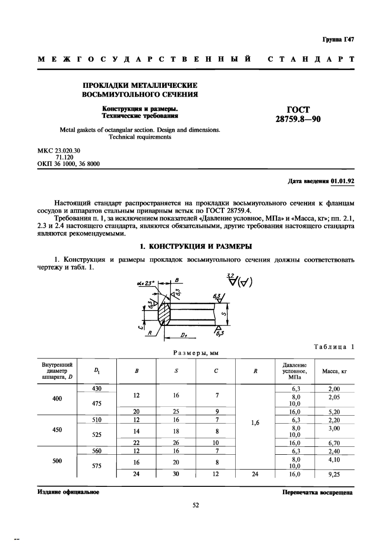 ГОСТ28759.8-90.Прокладкивосьмиугольногосечения(взаменОСТ26-432-79)