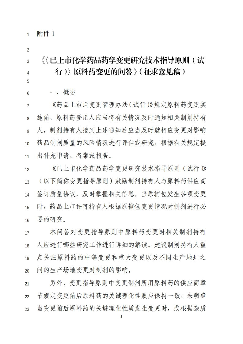 《〈已上市化学药品药学变更研究技术指导原则（试行）〉原料药变更的问答》（征求意见稿）