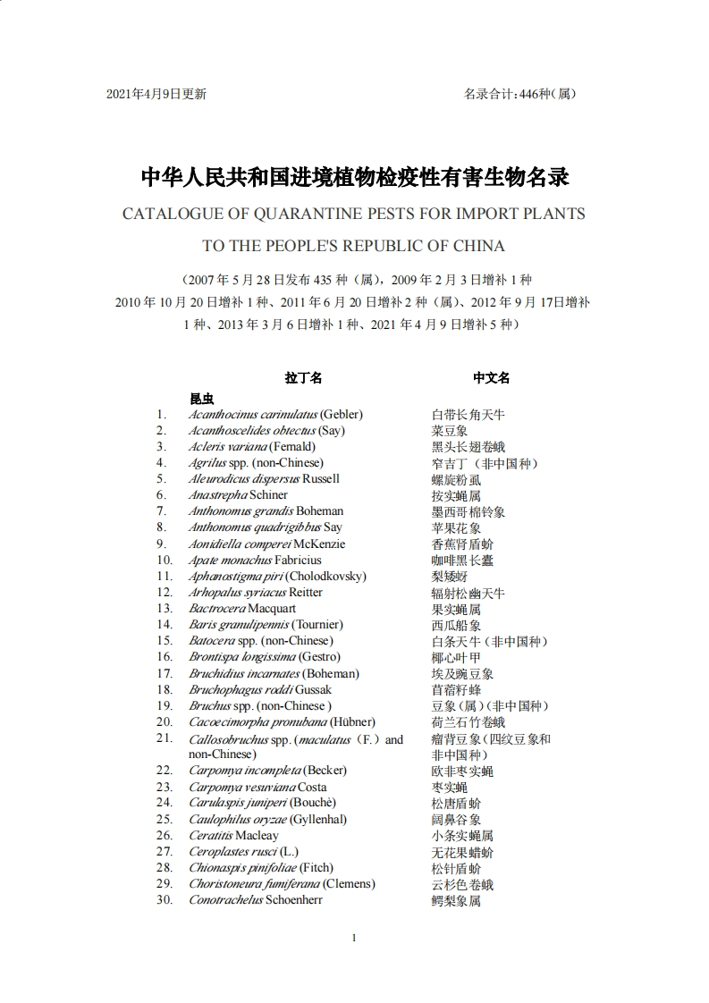 《中华人民共和国进境植物检疫性有害生物名录》