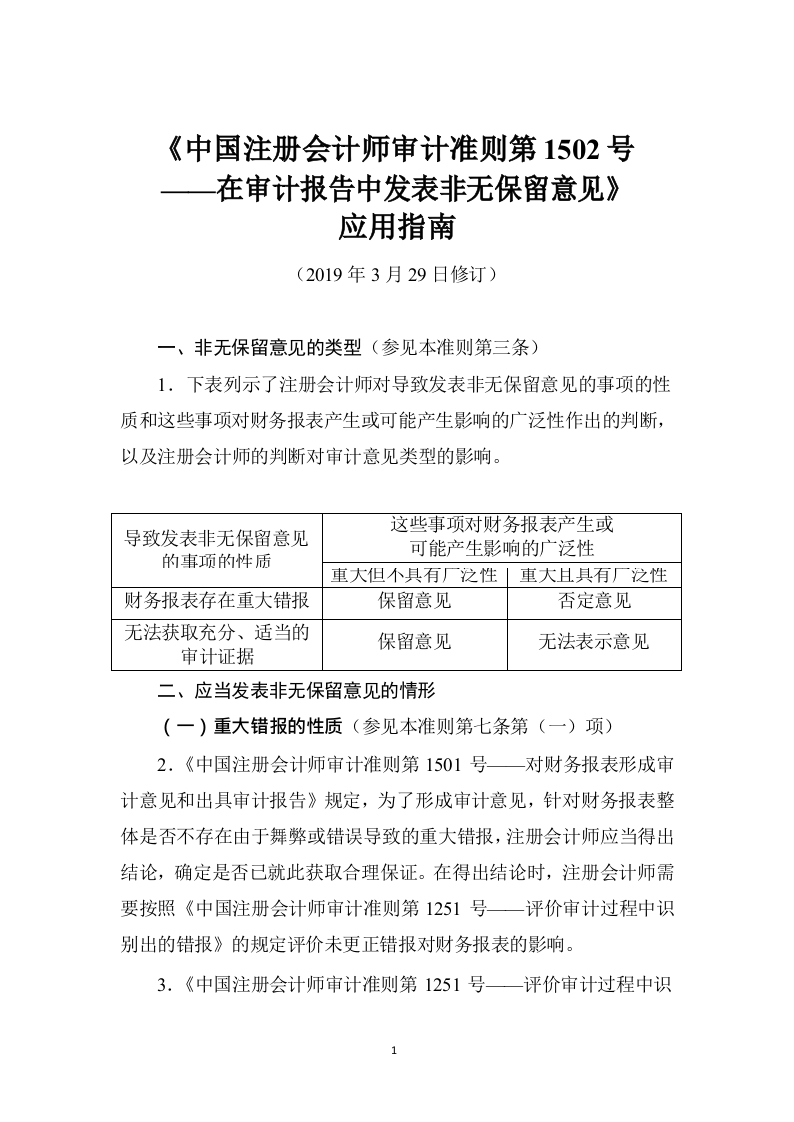 《中国注册会计师审计准则第1502号——在审计报告中发表非无保留意见》应用指南2019