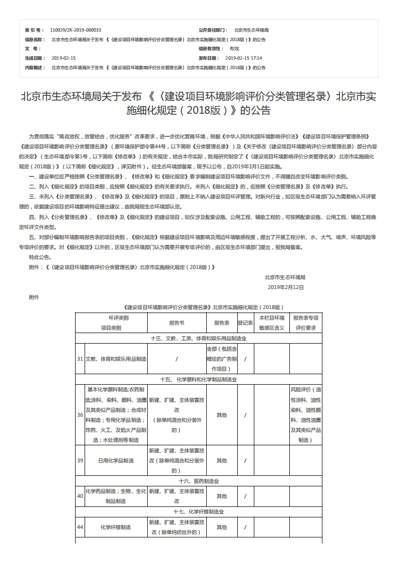 《建设项目环境影响评价分类管理名录》北京市实施细化规定（2018版）现行国家强制性标准规范