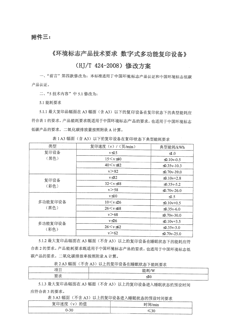 《环境标志产品技术要求数字式多功能复印设备》（HJT424-2008）修改方案（公告2010年第70号附件三）现行国家强制性标准规范