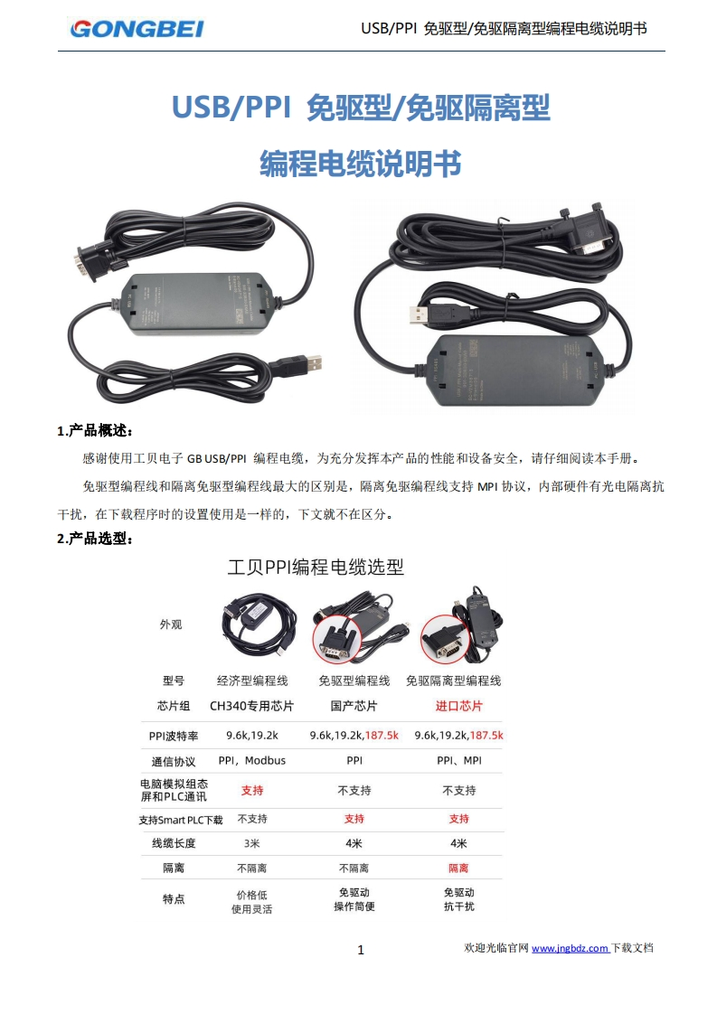 【工贝电子】200免驱型、隔离型编程电缆说明书
